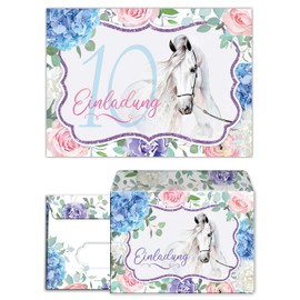 Junaversum 12 Invitations for 10th Children's Birthday Girls Horse Invitations with 12 Envelopes, 12 Bags, 12 Stickers, 12 Bookmarks, 12 Pads