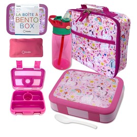kinsho Bento Lunch Box with Insulated Bag and Water Bottle Set for Kids Toddlers, 4 Portion Sections, Removable Tray, Pre-School Girl Toddler Daycare Lunches, Snack Container, Pink Unicorn