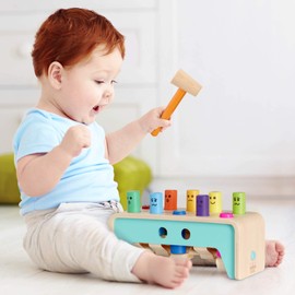 Battat BT2686Z Wooden Hammer Toy for Kids, Toddlers – Pounding Bench with Pegs and Mallet, Multiple