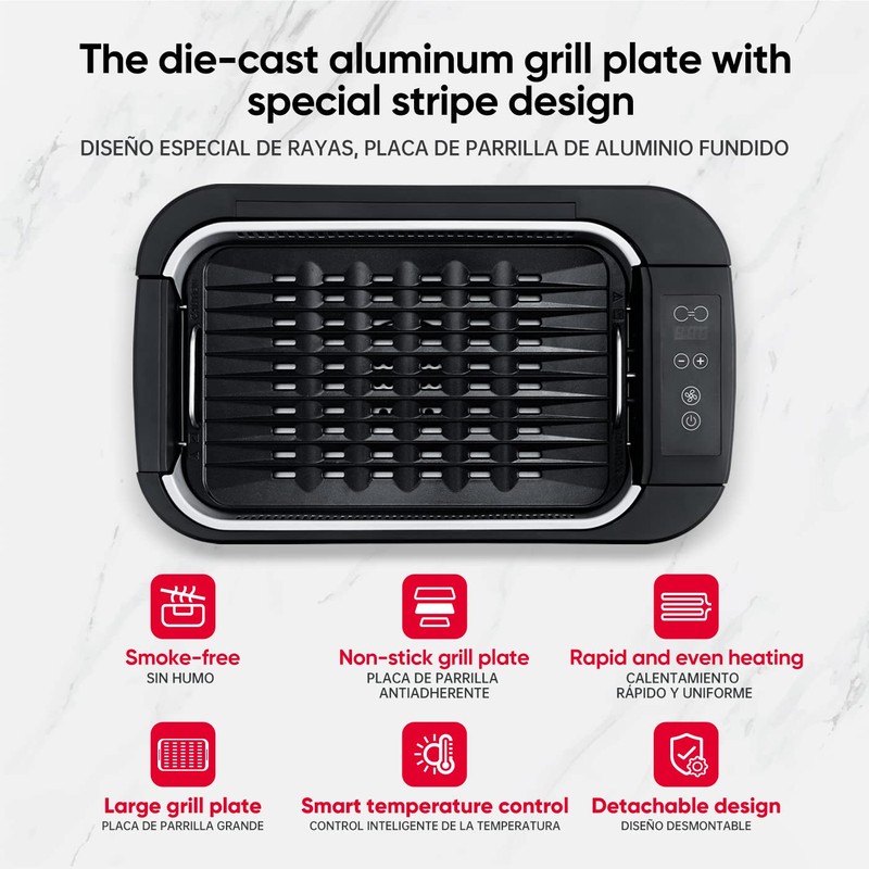 X&E Smokeless Indoor Grill, 1500W Non-Stick Removable Grill Rack &