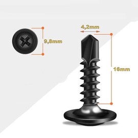 Pack of 60 self-tapping screws, 4.2 x 16 mm, self-tapping screws, stainless steel, Phillips screws, black oxide, with screwdriver bit with cross head