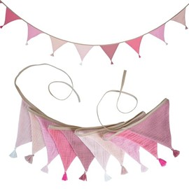 LUMOOM Bunting Children's Room 2.6 m, Garland Children's Room, Baby Room Decoration Bunting, Muslin Cotton Fabric, Girls and Boys Children's Room Decoration, for Outdoor Garden Party (Pink)