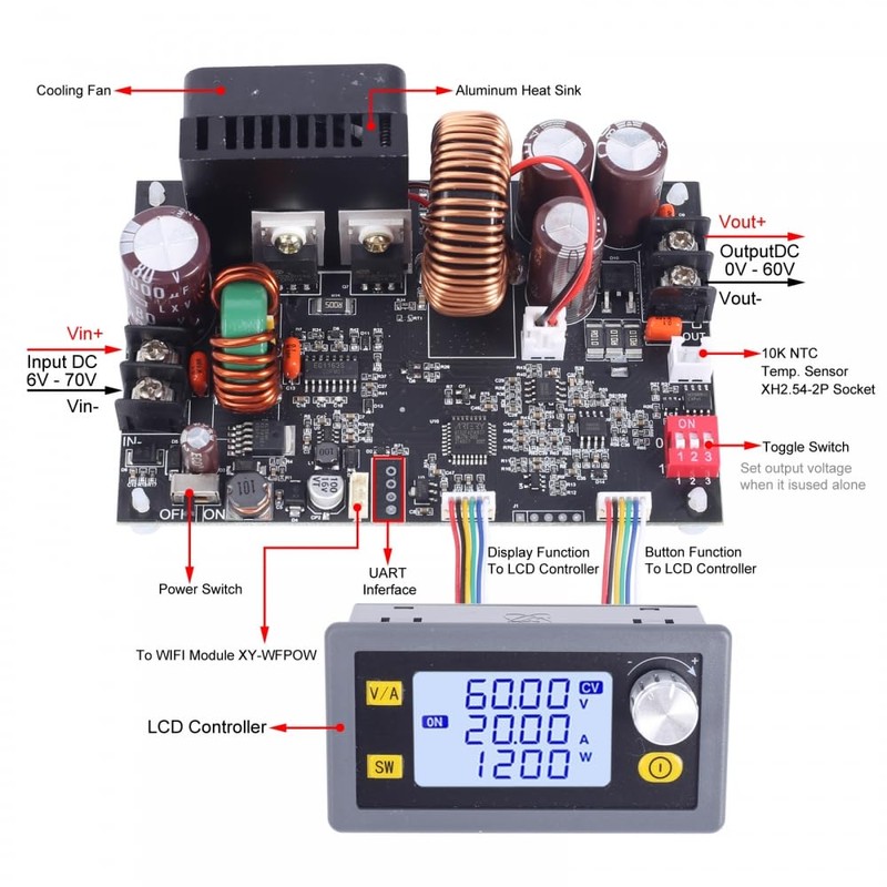 DC Buck Converter, XY-6020L 1200W DC-DC Step Down Power Supply