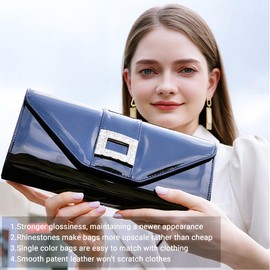 Larger Patent Leather Envelope Flap Clutch Classic Elegant Evening Bag Rhinestones Purses Stylish Dress Purse(Black)