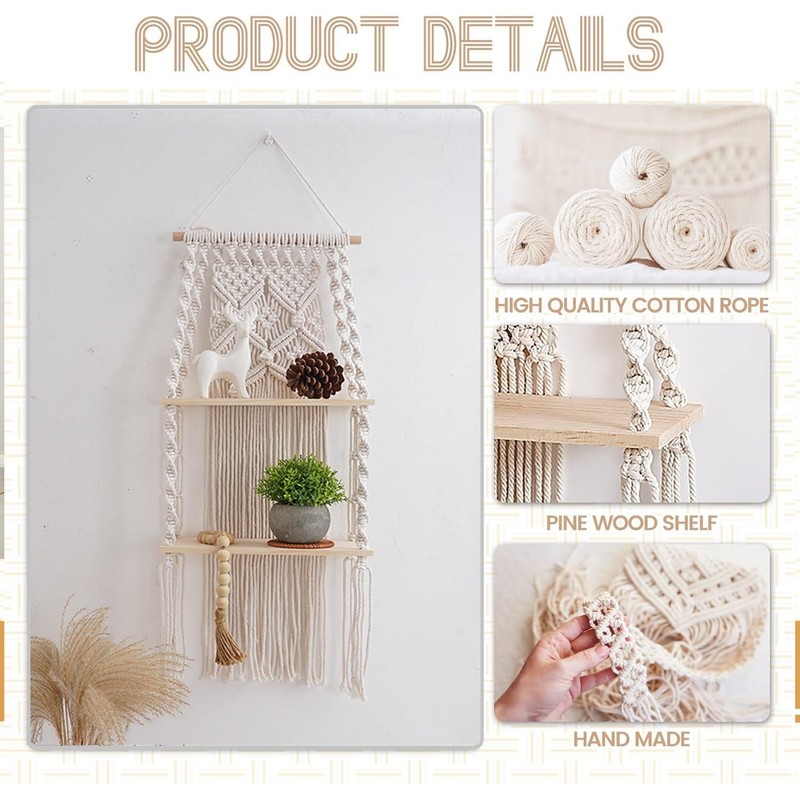 lomonmen Macrame Shelf, Boho Shelf, Hand-Woven Floating Shelf, Double Layer,