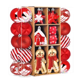 Shareconn 65pcs Christmas Tree Ornaments Set, Shatterproof Christmas Gingerbread Man Balls Bulk Gift Boxes, Hanging Plastic Decorative Baubles for Xmas Trees Decorations, Holiday Party, Red White