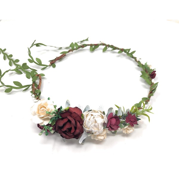 Daddasprincess Burgundy flower crown ivory wedding headpiece adult bridal headband halo floral hair wreath (Burgundy and Ivory)