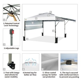 CROWN SHADES 10x10 Pop up Canopy Tent Patended Centerlock Instant Commercial Canopy with 150D Silver Coated Fabric Including 2 Extend Awnings, 4 Ropes, 8 Stakes, 4 Weight Bags, STO 'N Go Bag, White