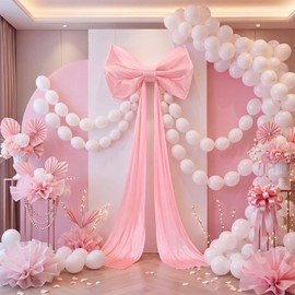 Hotop Giant Pink Bow with 100 Pcs White Link Balloons, 32 x 24 Inch Large Ice Silk Bow with 158 Inch Long Streamers for Coquette Backdrop Wedding Birthday Baby Shower Graduation Valentines Party Decor