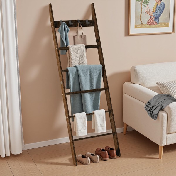AJLS 6-Tier Blanket Ladder for Living Room, 5.6FT Pine Wood