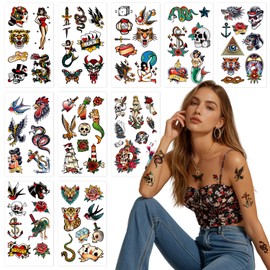 JoyfulGlam 76 Pcs Retro Temporary Tattoos Classic Old School Colorful Tattoos Stickers Flowers Snake Adult Men Women Body Art