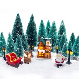 26PC Mini Christmas Pine Trees Artificial Snow Frost Trees with Village House Santa Sack Elk and Mini Street Light Christmas Decor Bottle Brush Trees Home Tabletop Craft Decorations