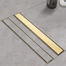 Kuaisailsk Linear Shower Drain ，with Tile Insert Panels ，12 Inch Brushed Gold 304 Stainless Steel Rectangle Shower Floor Drain，with Hair Catcher, Adjustable Feet