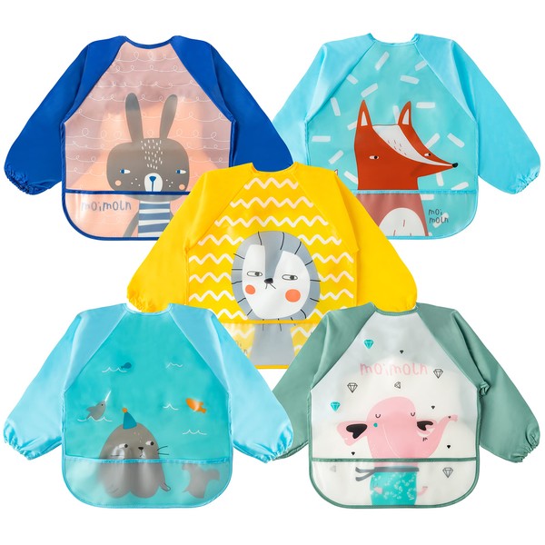 R HORSE 5Pcs Long Sleeved Bib for Babies Toddlers Waterproof Sleeved Bib with Crumb Capacity Pocket Cartoon Baby Bib Infants Feeding Bibs with Lion Seal Fox Pattern for Baby Shower Age 6-36 months