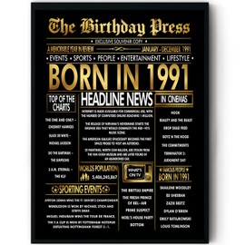 Stuff4 Gold 34th Birthday Poster Framed - Golden Born In 1991 Newspaper - Happy 34 Birthday for Men Women Retro Vintage Gifts Back In 1991, 8x10 Inch Bday Party Decor Decoration