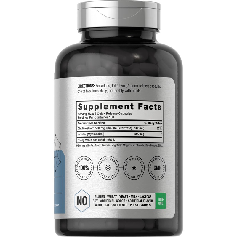 Horbaach Choline Inositol 1000mg Supplement | 200 Capsules | Non-GMO,