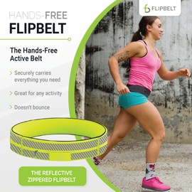 FlipBelt Zipper Running Belt for Phone and Small Accessories, Exercise Waist Pouch for Women and Men, M, Reflective Neon Yellow