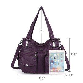 Angelkiss Women's Designer Handbag Large Double Zipper Multi Pocket Washed, Purple