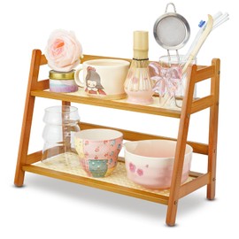 RoaGain Cup Rack, 39 x 18 x 29 cm - Bamboo Cup Holder, 2-Tier, Matcha Station & Coffee Cup Rack for Worktop, Tea Organiser, Wood Material Cup Stand for Kitchen, Office & Home
