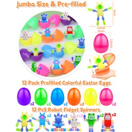 12 Pack 3.8'' Jumbo Prefilled Easter Eggs with Fidget Spinners-Transform Bunny, Frog, Unicorn Animal Fidget Toys for Kids Easter Basket Stuffers Fillers, Party Favors, Egg Hunt Supplies, Easter Gifts