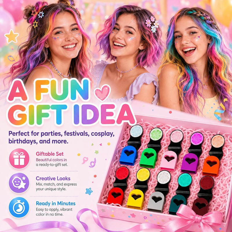12 Colours Hair Chalk Set, Rainbow Colours, Washable Hair Chalk