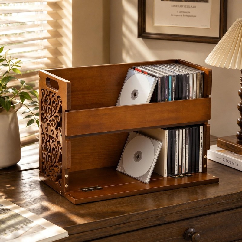CroBlissful 2-Tier Wooden CD Storage Holder, Cutout Brown CD Display