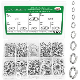 Split Lock Washer, 510Pcs 304 Stainless Steel Spring Lock Washers Metal Split Ring Washer for Screw Bolts Machinery 8 Sizes-6# 8# 10# 12# 1/4" 5/16" 3/8" 1/2"