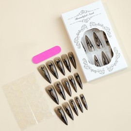 AkiliBIELY Stiletto Press on Nails Medium Long Black Brown Fake Nails Gothic Goth Witchy Glue on Nails Acrylic Gel Stick on Nails For Women False Nails Fantasy Wedding Birthday