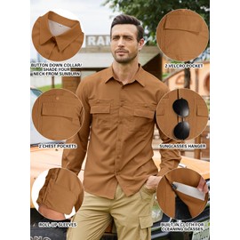 Men's Sun Protection Fishing Shirts Long Sleeve Travel UPF 50+ UV Quick Dry Cooling Safari Camping Hiking Button Down Shirts #5061-Caramel-XL