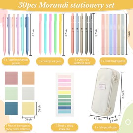 Lincia 30 Pcs Aesthetic School Supplies 6 Cute Mechanical Pencil 5 Colored Ballpoint Pen 5 Quick Dry Pen 6 Pastel Highlighter 6 Transparent Sticky Note Sticky Index Tab for Office(White)