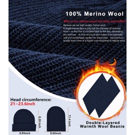 100% Merino Wool Beanie Hat for Women Men, Cuffed Knit Warm Winter Hats,Slouchy Beanies Fisherman Skull Cap Watch Caps Navy Blue