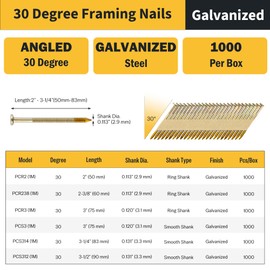 meite 30 Degree Framing Nails 3-Inch x .120-Inch, Ring Shank, Galvanized Coated, Paper Tape Collated, Offset Round Head Framing Nails for 30-34 Degree Framing Nailers (1,000 Counts)