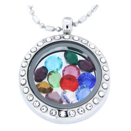 Medium Round Crystal Necklace Floating Charm Locket with Bamboo Chain with 12 Birth Month Crystals