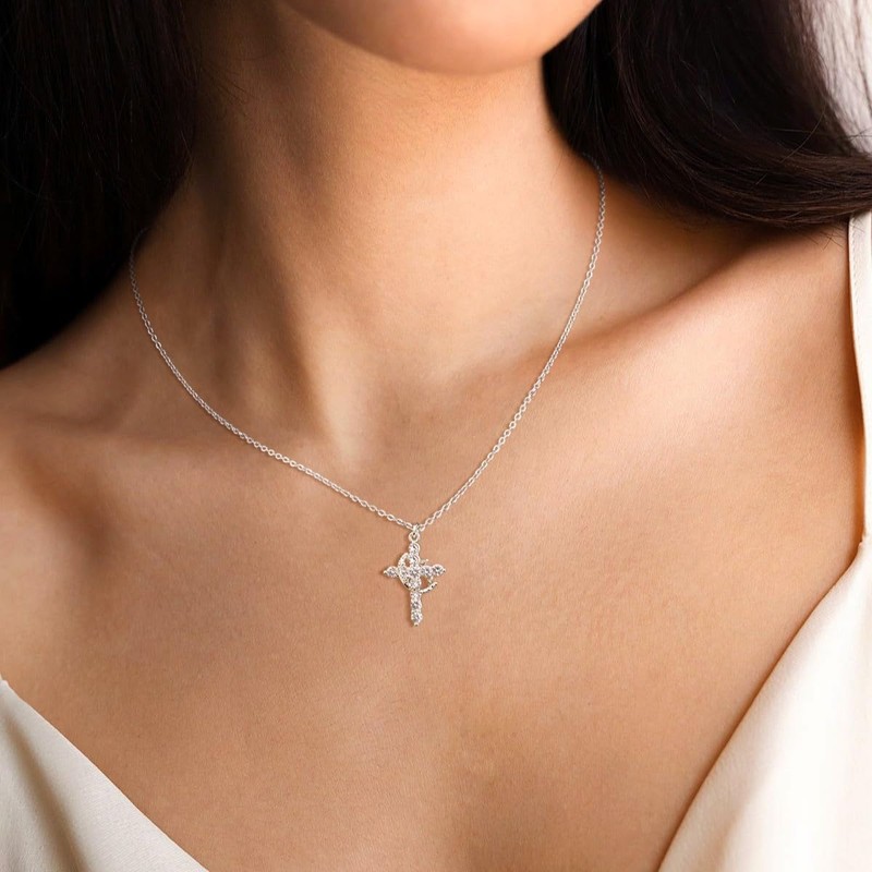 Tewiky Silver Crown Cross Necklace for Women Faith Jewelry Gift