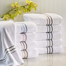 SUPERIOR Long-Staple Combed Cotton Towel Set, Face Towels 13” x 13”, Hand Towels 20" x 30", Bath Towels 30” x 55”, White with Tea Rose Border, 6-Pieces