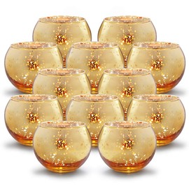 Volens Round Gold Votive Candle Holders, Mercury Glass Candle Holder Set of 12, Diwali Decorations for Home