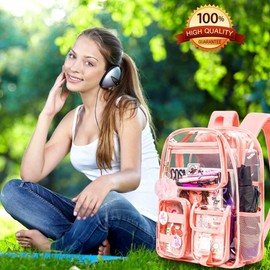 Clear Backpack for Girls Women, Heavy Duty PVC Transparent Bookbag, Cute See Through School Bags for Teens Elementary - Light Pink