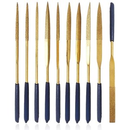 Mesee 10 Pcs Titanium Coated Diamond Needle File Set, 140mm Mini Diamond Files with 3mm Shank Soft Rubber Handles Variety Shapes Rifler Files Hand Tool for Jewelry Carving, Metal Glass Ceramic Filing