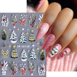 3Pcs Christmas Tree Nail Art Stickers 5D Embossed Snowball Nail Decals Gold Glitter Elk Snowflake Nail Design Xmas Winter Nail Art Accessories Lantern Ball Nail Supplies for Women Girls DIY Manicure