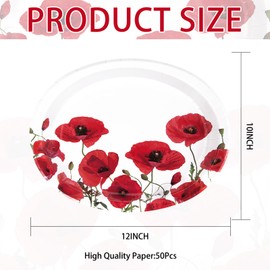 50Pcs Red Poppy Floral Oval Paper Plates 10" x 12" S Red Poppies Flowers Dessert Platters Watercolor Red Flower Dinner Plates Spring Party Decorations for Seasonal Bridal Shower Tea Party Supplies