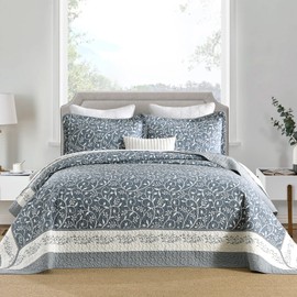 FineStichery 100% Cotton Oversized Quilt 120"x120", Extra Large King Bedspread, Farmhouse Botanical Bed Spreads Coverlet, Lightweight Quilted Bedding Cover, 3 Piece, Grayish Blue/White