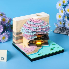 SIWEME 3D Memo Pad 260 Sheets Purple Tree House Notepad with Light Kawaii Sticky Note Pad 3D Paper Carving Art Craftwork Omoshiroi Desk Decoration Pen Holder DIY High-Grade Creative Gift