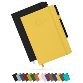 Tasalas A5 Notebooks 2 Pack with Pen - 200 Lined Pages Journal Notepads, 80 GSM, Black and Yellow Notebooks A5, Soft Cover, Elastic Loop, Pen Holder, Expandable Pocket - Note Books for Note-Taking