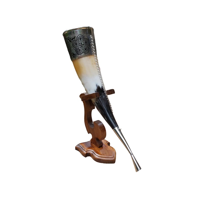 Viking Drinking Horn, 5-7oz Medieval Natural Handcrafted Horn with Wooden