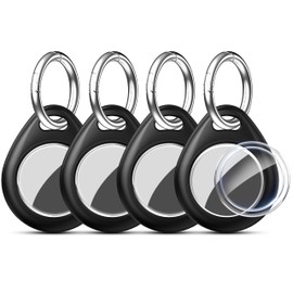 RFUNGUANGO Compatible AirTag Holder Air Tag Keychain Protective Case - 4 Pack Air Tag Protective Case with Metal Keychain for Kids, Pets, Luggage, Backpacks, Keys, Black-4P