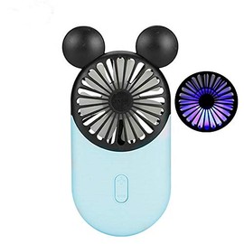 Kbinter Cute Personal Mini Fan, Handheld & Portable USB Rechargeable Fan with Beautiful LED Light, 3 Adjustable Speeds, Portable Holder, for Indoor Or Outdoor Activities, Cute Mouse (Blue)