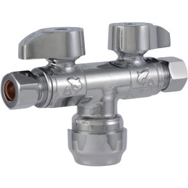 SharkBite Dual Shut Off Quarter-Turn Brass Ball Valve, 1/2 Inch Push to Connect x 3/8 Inch OD Compression x 3/8 Inch OD Compression, Chrome, SBDS123838