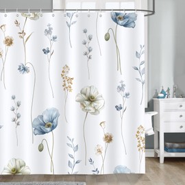 Bonhause Watercolor Floral Shower Curtain, Modern Minimalist Blue Beige Flower Bathroom Curtain 72x72 Inch Polyester Fabric Waterproof Bath Curtain with 12 Hooks