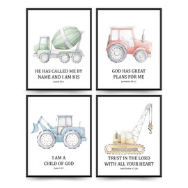 ETVISO Toddler Boys Nursery Room Decor Set of 4, Christian Inspirational Bible Verse Wall Decor, Tool Car Poster for Baby Boys Kids Room Bedroom Playroom Nursery, 8x10 (Unframed)