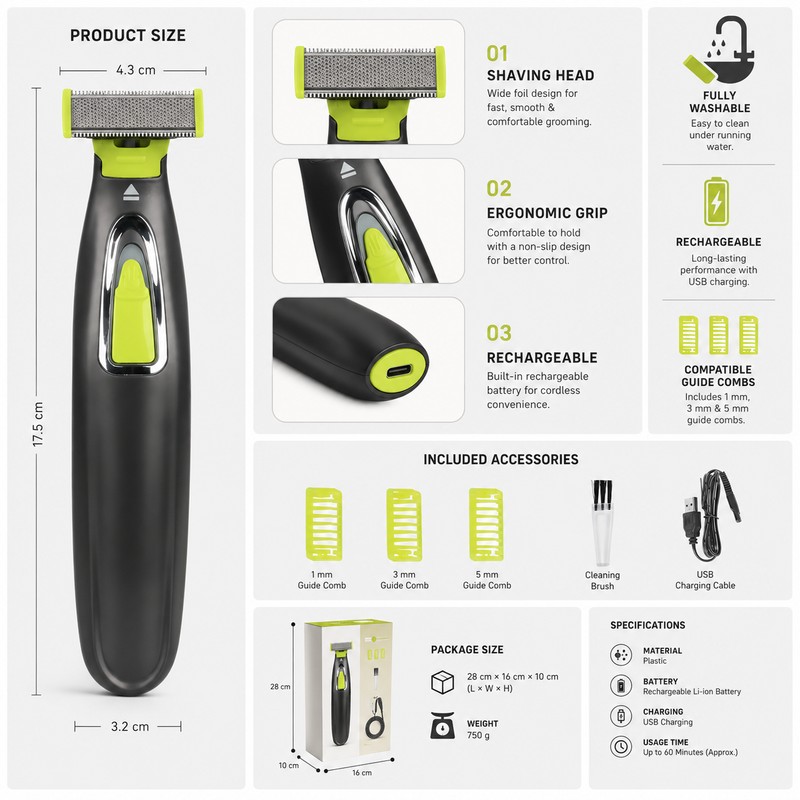 Rechargeable Electric Shaver for Men – Washable Beard & Body